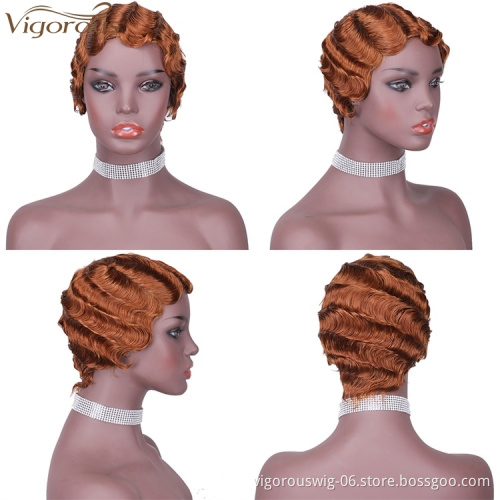 Vigorous Cheap 100% Real Human Hair Finger Wave Wig Pixie Cut Short Light Auburn Curly Wigs for African American Women